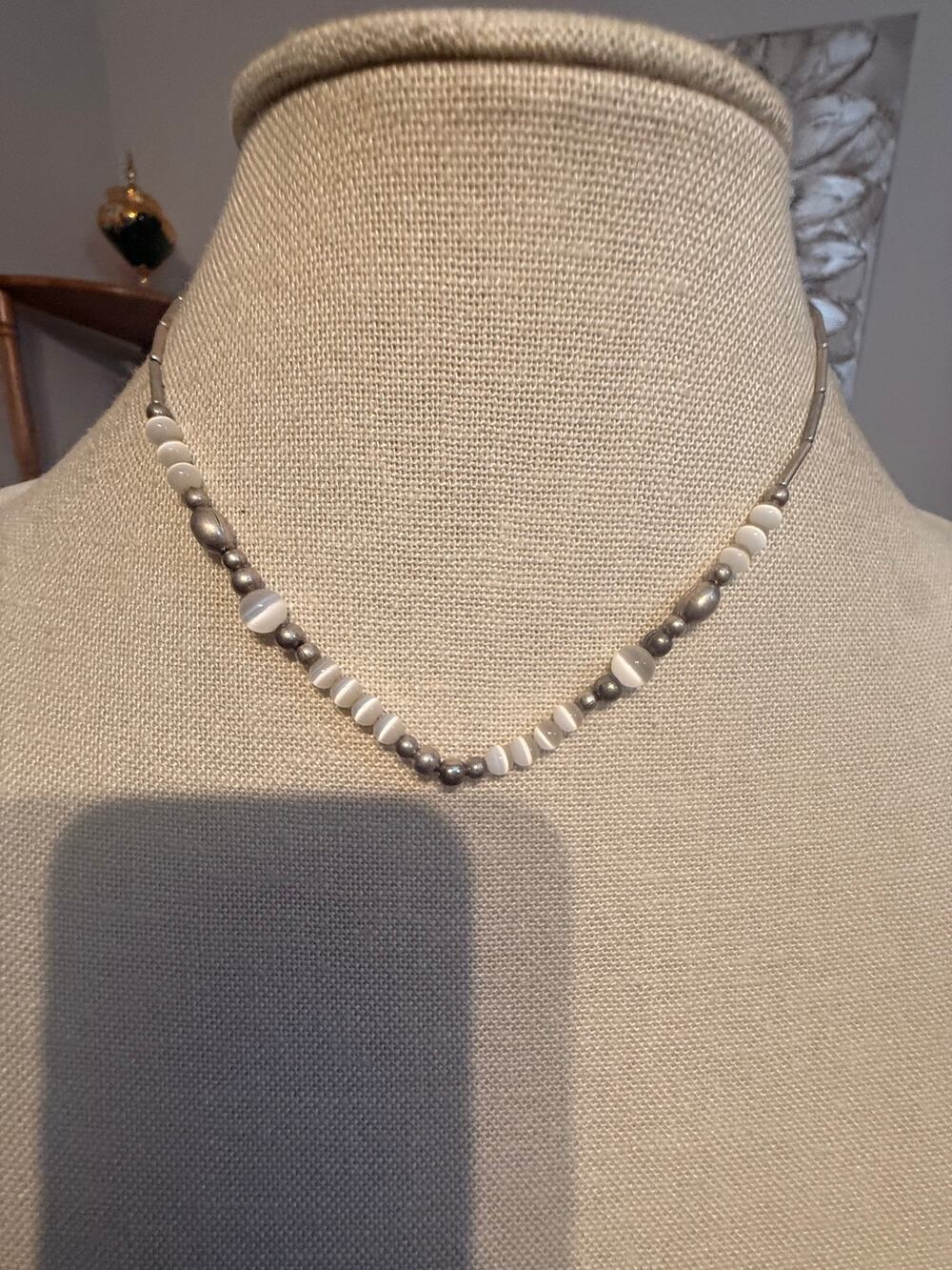 Vintage White Silver Beaded Necklace 16”